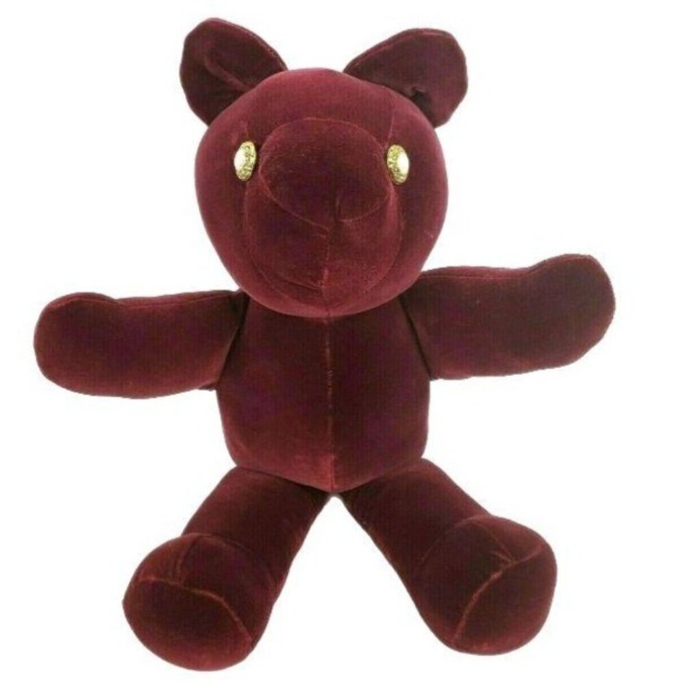 Vintage The Villager Teddy Bear Plush Gold Button Eyes Burgundy Stuffed Animal